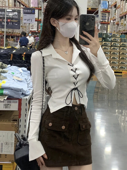 Lace Up Long sleeve Korean Dongdaemun Youth Trend Shirts Blouses Women Autumn Basic Crop Shirt  New White Black