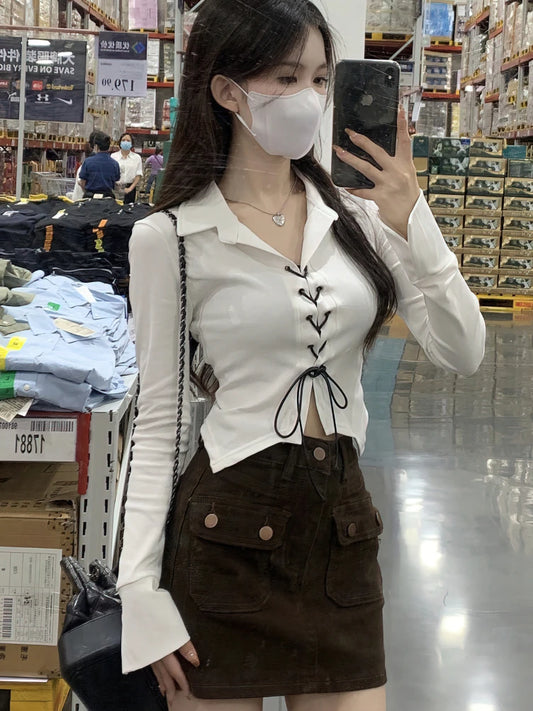 Lace Up Long sleeve Korean Dongdaemun Youth Trend Shirts Blouses Women Autumn Basic Crop Shirt  New White Black