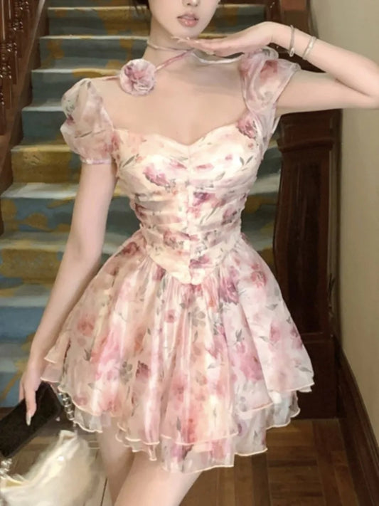 Elegant Princess Floral Short Dresses for Women Y2K Puff Sleeve Backless Printed Ruffles A-line Korean Fashion One Piece Vestido