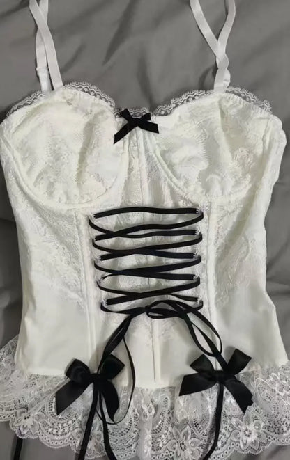 Y2k Camis Sweet Girl Sling Streetwear Bow White Bandage Kawaii Slim Topss Harajuku Crop Tank Top