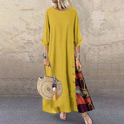 Cotton Linen Vintage Long Dresses Women Three Quarter Sleeves Splicing Print Loose A-line Dress Fashion Casual Lady Maxi Vestido