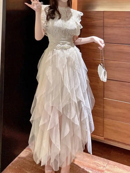 Korean Style O Neck Lace Hollow Out Patchwork Dress Elegant White Irregular Mesh Dresses Women 2025 New Spring Summer A7893
