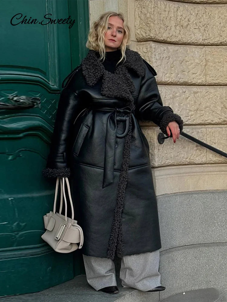 Fashion Lamb Wool PU Leather Long Jacket Women With Belt Patchwork Lapel Pocket Oversize Overcoat  Winter Warm Thick Outwear