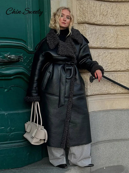 Fashion Lamb Wool PU Leather Long Jacket Women With Belt Patchwork Lapel Pocket Oversize Overcoat  Winter Warm Thick Outwear