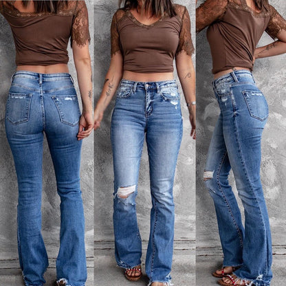 DressBetty - Holes Ripped Tassel Flare Jeans High Waist Denim Ladies Vintage Stretch Slim Jeans