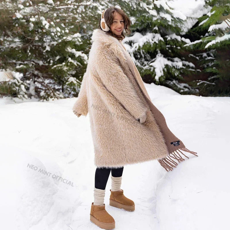 Exclusive Luxury Casual Long Faux Fur Parka Coat Women Winter  Thick Warm Fluffy Eco Lamb Fur Teddy Jacket Overcoat
