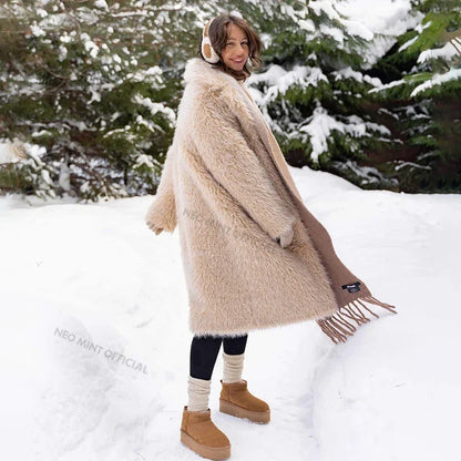 Exclusive Luxury Casual Long Faux Fur Parka Coat Women Winter  Thick Warm Fluffy Eco Lamb Fur Teddy Jacket Overcoat