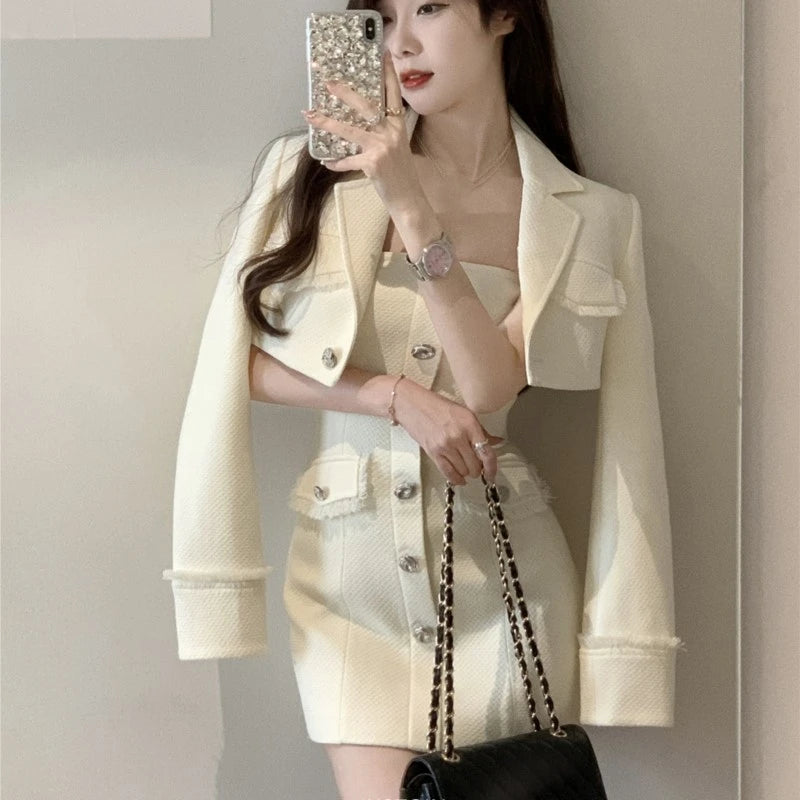Elegant Autumn New Tweed Two-piece Set Women Long Sleeve Short Jacket Strapless Bodycon Mini Dress Korean Fashion Luxury Outfits