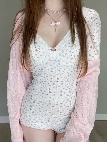 Sweet Fairy Gentle Women Playsuit Floral Print Lace Trim V-Neck Long Sleeve Korean Style Trendy Rompers Cute