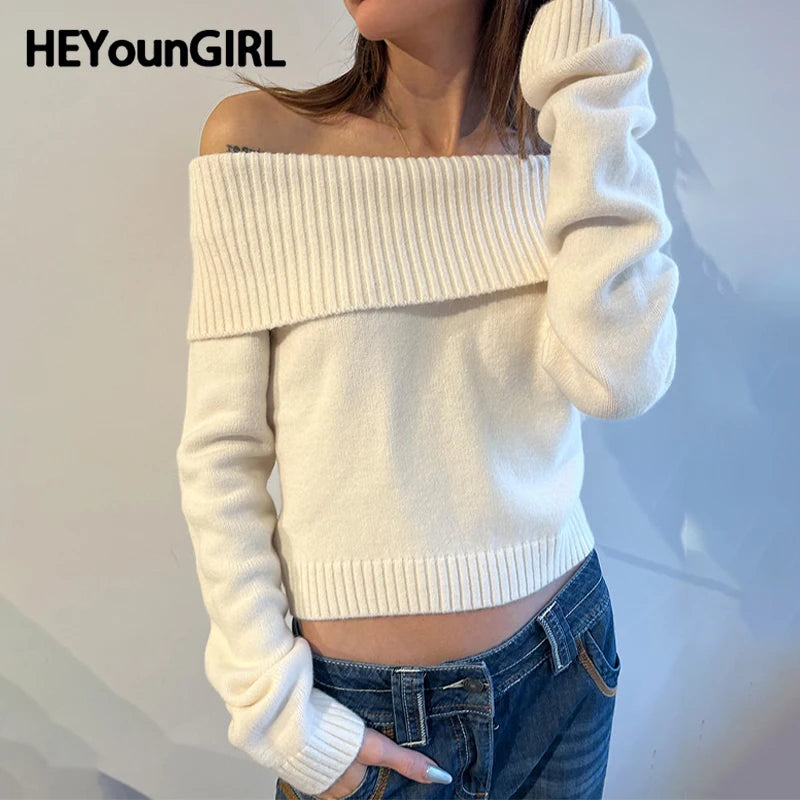 Solid Color Off Shoulder Women Sweater Minimalism Long Sleeve Knitted Jumper Casual Fashion Winter Pullovers Street
