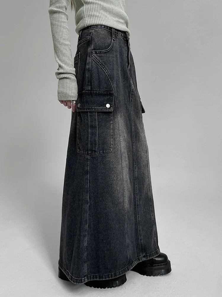 Voguable Vintage Pocket Split Washed Denim Maxi Skirt High Waist Y2K Streetwear Long Skirts Harajuku Korean Fairy Grunge
