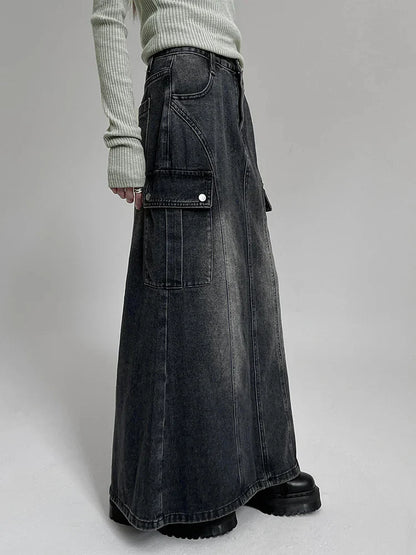Voguable Vintage Pocket Split Washed Denim Maxi Skirt High Waist Y2K Streetwear Long Skirts Harajuku Korean Fairy Grunge