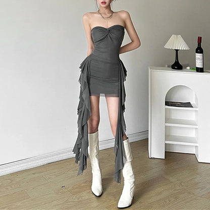 2 Piece Set for Women y2k Outfits Solid Color Strapless Twist Front Tube Tops and Short Skirt 2000s Clothing Clubwear