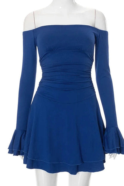 Off-Shoulder Backless Mini Dress with Flare Sleeves