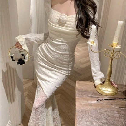 Autumn Sexy Lace Maxi Dresses for Women Off Shoulder Fishtail Bodycon Mermaid Birthday Evening Party Prom Robe Vestidos Mujer