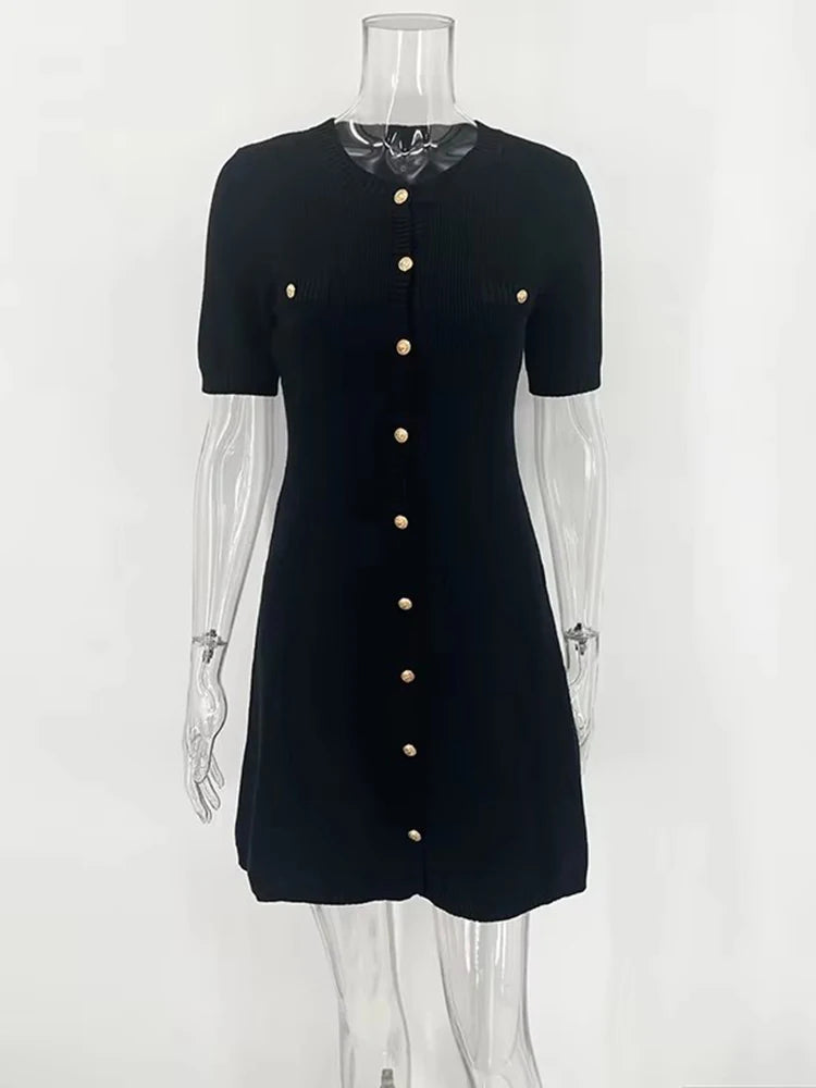 White Elegant Knitted Mini Dress For Women Metal Button Sexy Slim Rib Sweater Dress Holiday Party Outfits Autumn  New