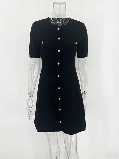 White Elegant Knitted Mini Dress For Women Metal Button Sexy Slim Rib Sweater Dress Holiday Party Outfits Autumn  New