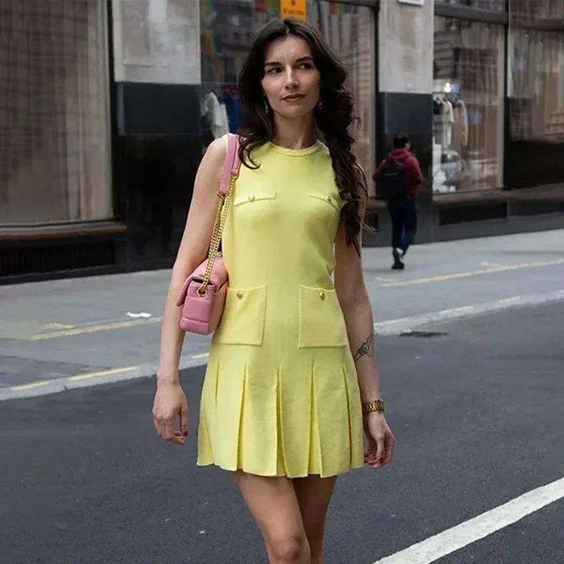 Fashion Folds Knitted Mini Dress For Women Elegant Sleeveless With Pocket Vest Dress High Waisted Clubs Party Summer