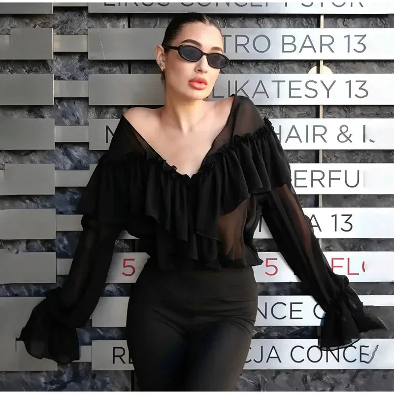 Sheer Chiffon Ruffle Blouse