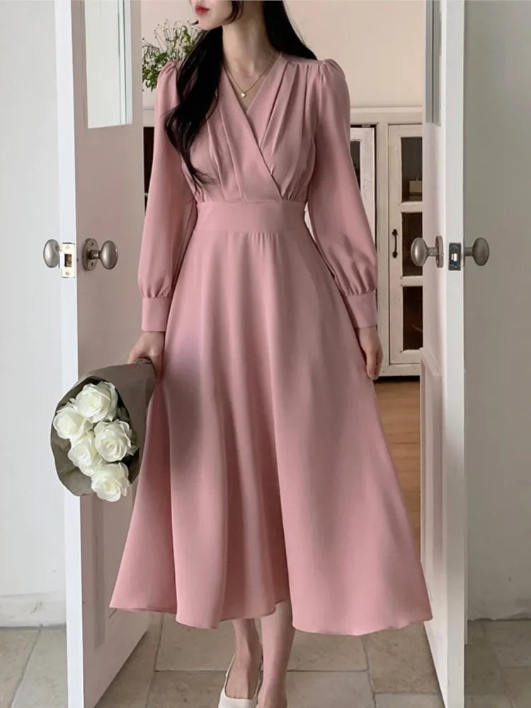Korean Fashion Autumn Midi Dresses for Women Long Sleeves V-neck A-line Solid Casual Dress Office Lady Clothing  New