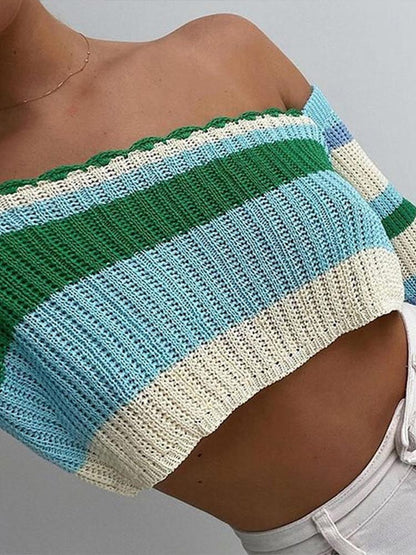 Voguable Knitted Y2K Clothes Crop Top Colored Striped Off The Shoulder T shirts Long Sleeve Trendy Short WoTops