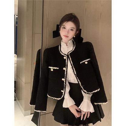 Vintage Tweed Jackets Women Elegant Black Cropped Suit Coat Korean Thicken Blazer Single Breasted Short Outerwear Tops New