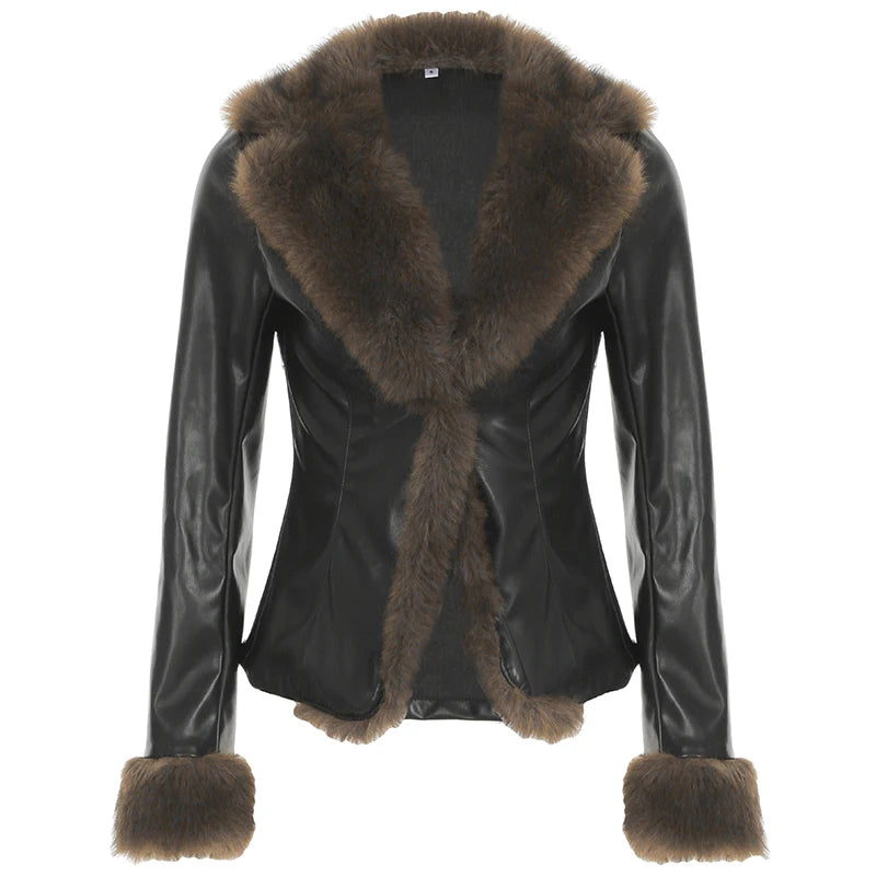 s Autumn New Clothes Women¡¯s Leather Coat Long Sleeve Spliced Faux Trim Button Slim Fit Chic Coat