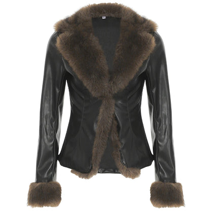 s Autumn New Clothes Women¡¯s Leather Coat Long Sleeve Spliced Faux Trim Button Slim Fit Chic Coat