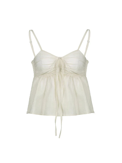 Fairycore Sweet Solid Shirring Camisole Women Summer Vacation Korean Clothing Crop Top