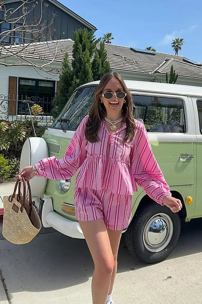 Conjuntos de camisa y pantalones cortos a rayas con mangas farol