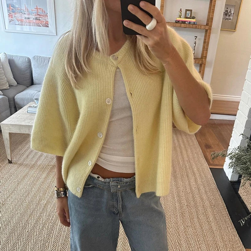 Vintage Button Up Short Sleeve Cardigans Preppy Aesthetic Y2K Knitted Sweater T-shirt Women Loose Fit Knitwear Tops High Street