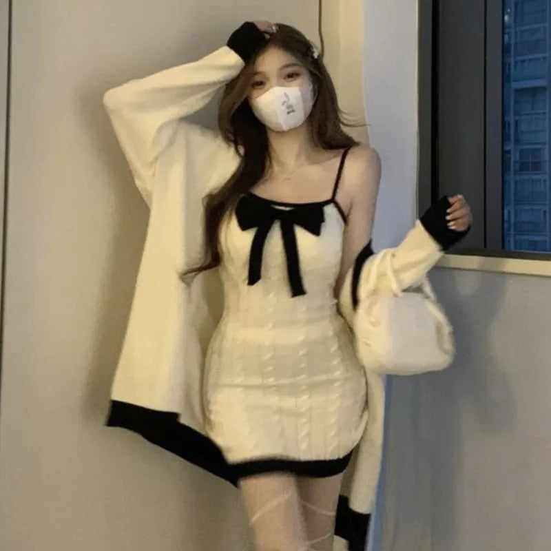 Elegant Knitted Two-Piece Set Women Bow Designer Sweet Party Dress Set Female Korean Style Sweater Mini Dress Suit Winter