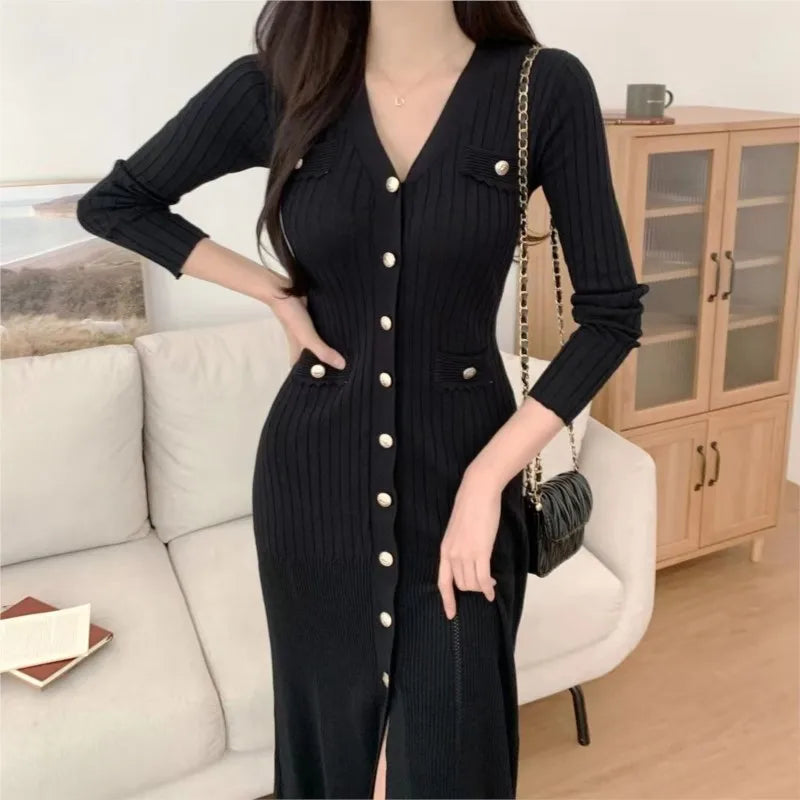 Korean Chic Knitted Dresses for Women V-neck Long Sleeve Slim Bodycon Ruffles Party Dress Casual Autumn Winter New Vestidos