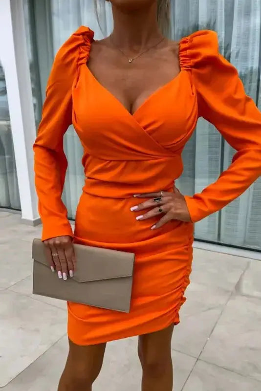 V Neck Pleated Mini Dress