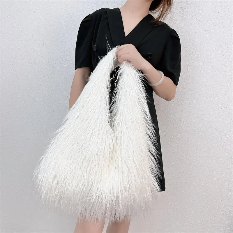 Y2k Kpop Girls Hot Fluffy Furry Shoulder Bags for Women Trend  Luxury Brand Designer Faux Fur Big Tote Bag Harajuku Handbags