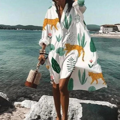 Color Flowers Printed Shirts Dresses Women Fashion Temperament Commuting Loose Midi Shirts Dress Lady Vestidos Spring Summer New