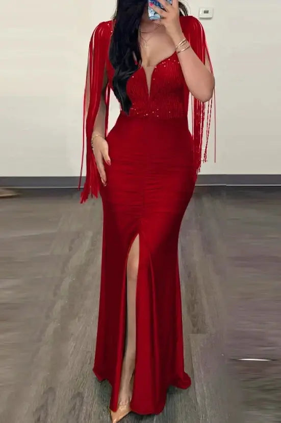 Sequin Slit Maxi Dress with Elegant Contrast