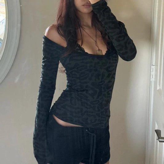 Leopard Print Black T Shirt Lace Patchwork Full Sleeve Tee y2k Chic Off-shoulder Cropped Top Vintage 2000s Clothing