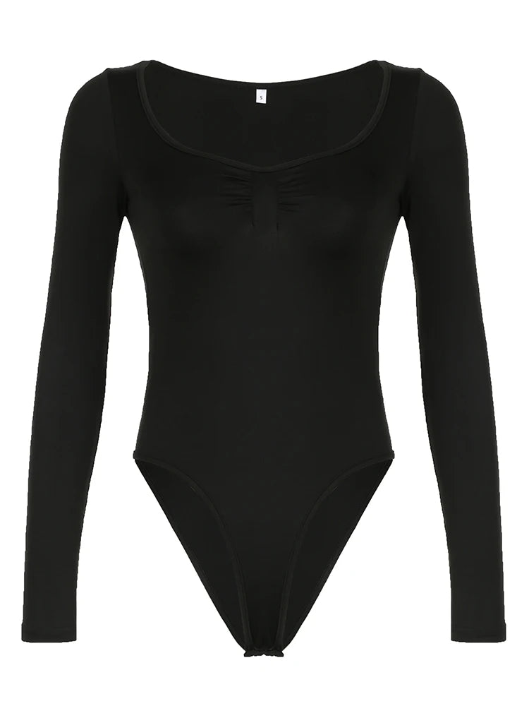 Front Ruched Skinny Long Sleeve Black Bodysuit Women Spring Autumn  Solid Simple Basic Bodys Tops