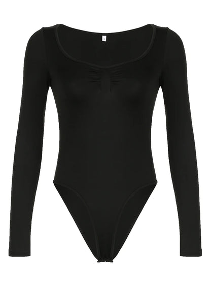 Front Ruched Skinny Long Sleeve Black Bodysuit Women Spring Autumn  Solid Simple Basic Bodys Tops