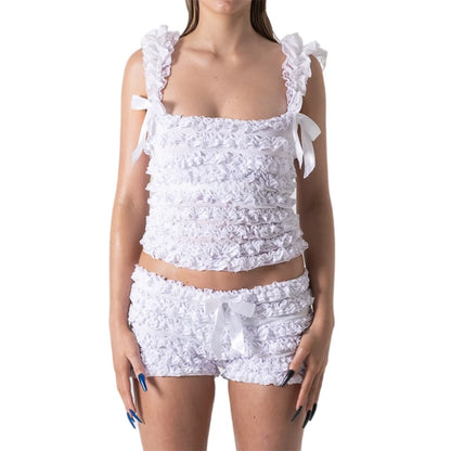 00s Retro Ruffles 2 Piece Set Bow Lace Trim Crop Tops Vest + Slim Fit Bloomers Shorts Vintage Y2K Fairy Kawaii Mathing Outfits