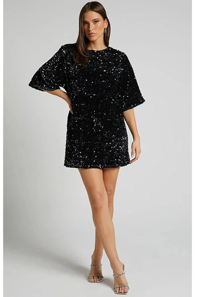 Backless Short-Sleeved Loose Mini Dress with Straps