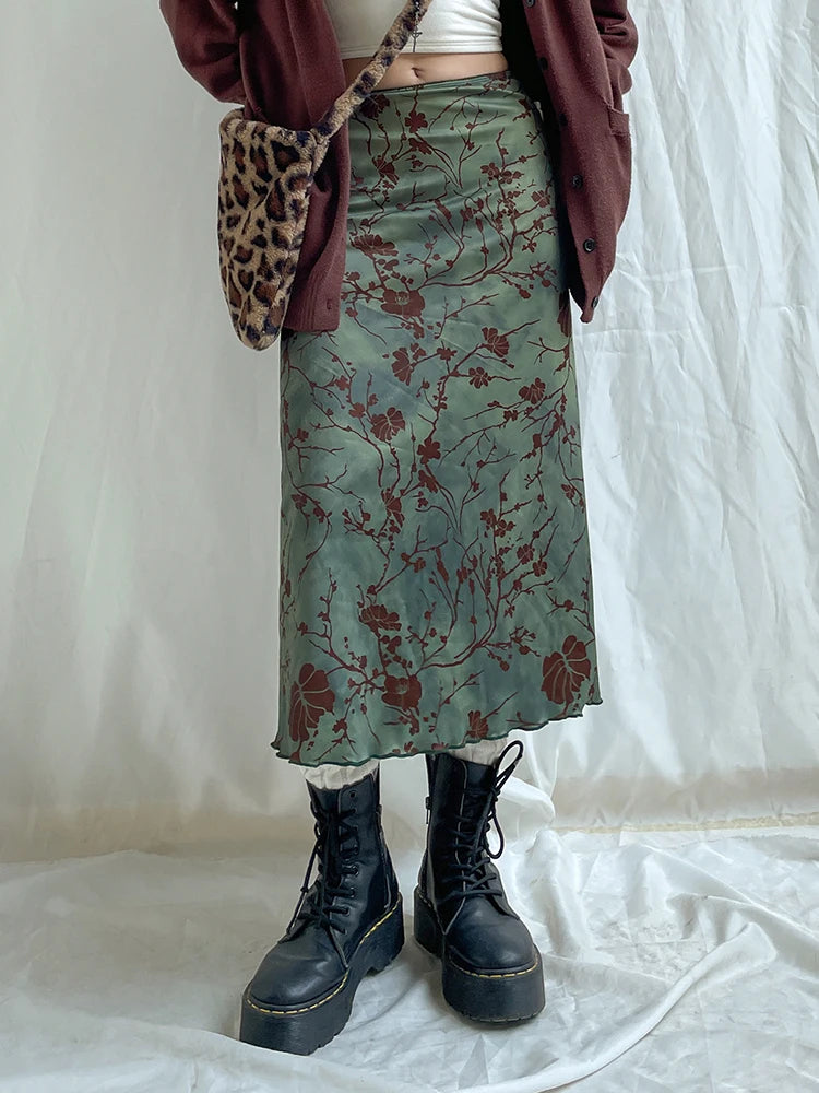 Retro Green Floral Print Y2K Long Skirts For Women Vintage Aesthetic Frills Hem Cute Preppy Outfits