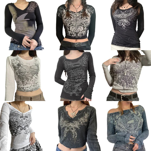 Graphics Print Y2K Retro T Shirt Indie Aesthetics Mall Goth Sweats Tees Autumn Spring Long Sleeve Crop Tops 90s Vintage Grunge