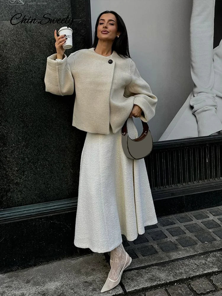 Elegant Solid Woolen Blend Jacket For Women Fashion Button O-neck Long Sleeve Coat  New Autumn Winter Commute Warm Outwear
