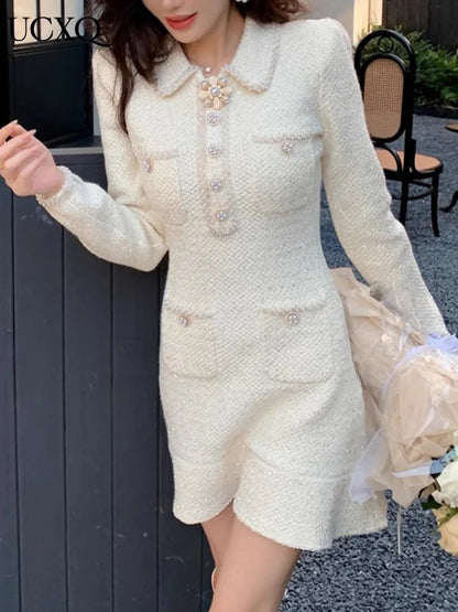 Elegant Short Dress European Style Tweed Lapel Beading Button Long Sleeve Fashion Dresses For Women 2025 Spring Summer 9896