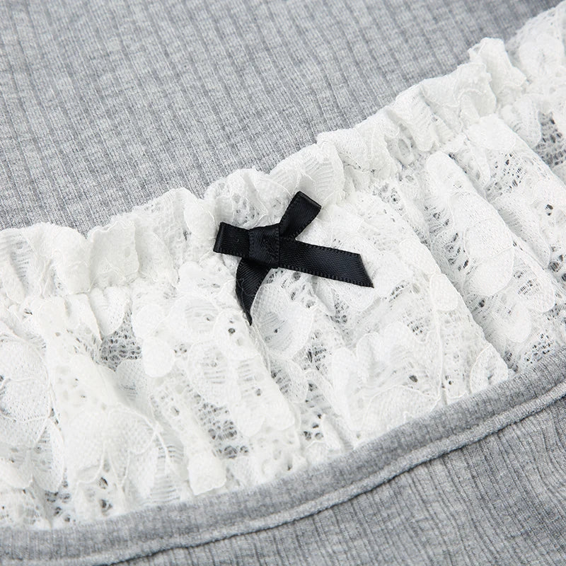 Voguable Y2K Contrast Lace Patchwork Knitted Top Cute Casual Basic Short Sleeve T-shirts Coquette Square Collar Tee