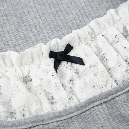 Voguable Y2K Contrast Lace Patchwork Knitted Top Cute Casual Basic Short Sleeve T-shirts Coquette Square Collar Tee