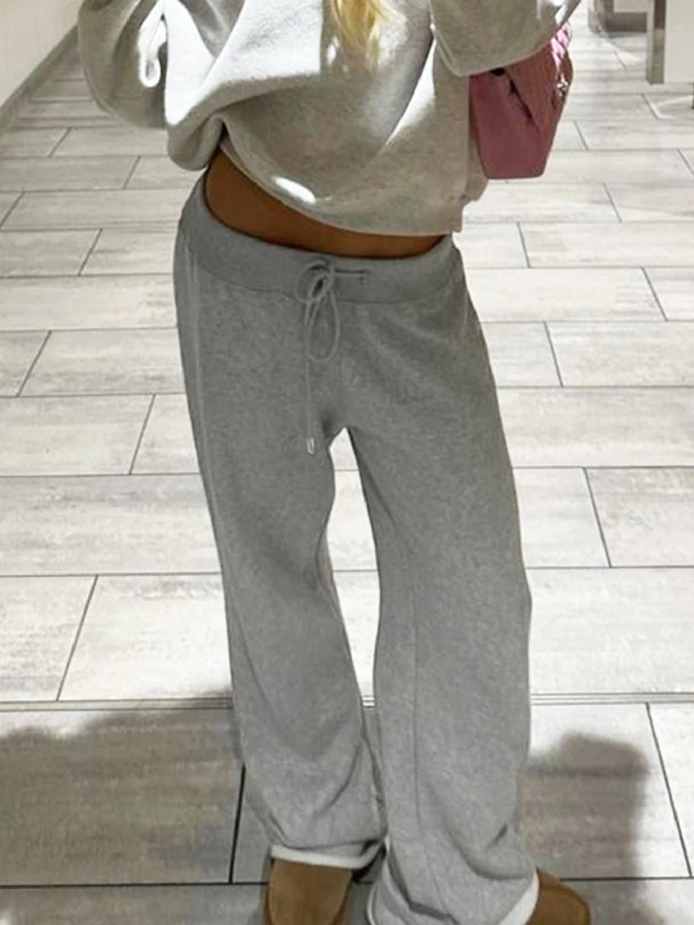 Pockets Drawstring High Waist Casual Loose Sweatpants For Women Gray Solid Basic Simple Straight Leg Pants Jogging Trousers
