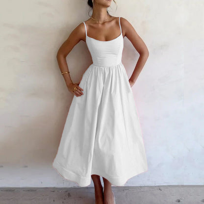 Sexy Solid Spaghetti Strap A-line Maxi Dresses Women Low Cut Sleeveless Big Skirt Dress Summer New Fashion Elegant Party Vestido